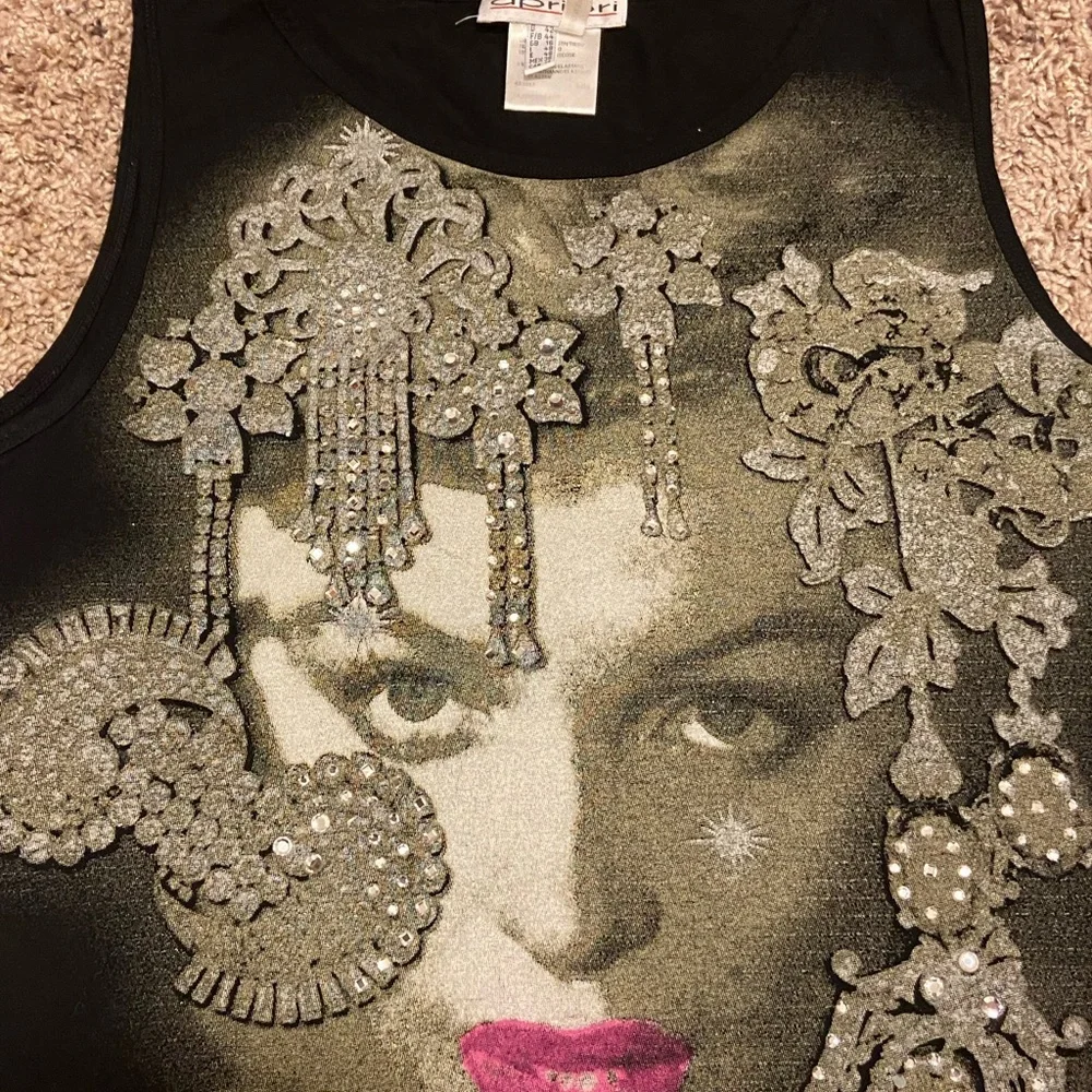 Y2K Black and Gray Embellished Graphic Tank Top with Crystals Large 12 - Picture 2 of 2